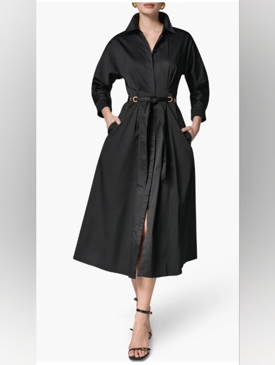 Donna Karan Dresses & Skirts - Donna Karan Drawstring Waist Stretch Cotton Black Midi Shirtdress Size 6 NWOT